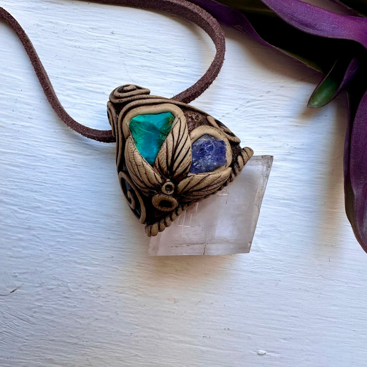 Clear Calcite Chrysocolla and Tanzanite Necklace - FairyGardenGlow