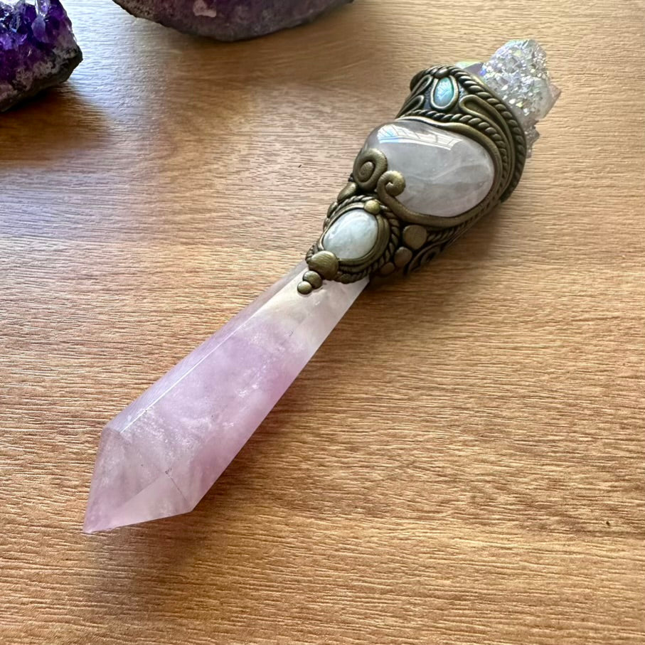 Lavender Fluorite Wand, Angel Aura Spirit Quartz, Rose Quartz Heart, Moonstone and Australian Opal Crystal Wand - FairyGardenGlow