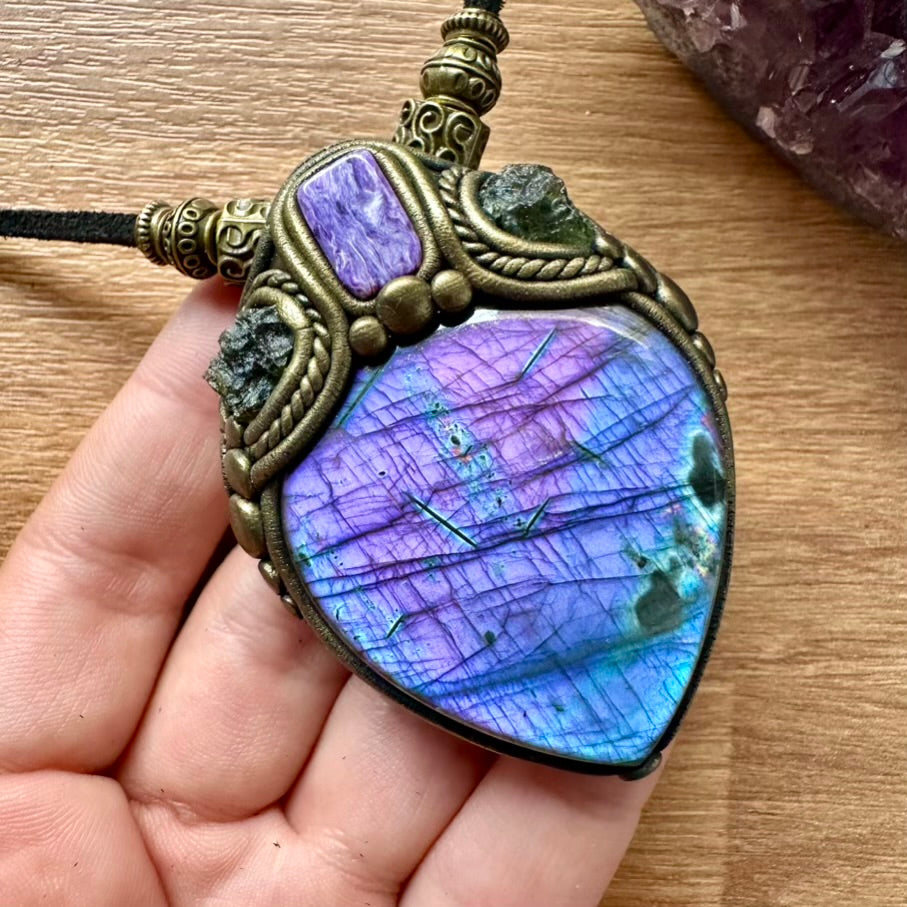 Purple Labradorite Moldavite and Charoite Pendant Necklace, Unique Protection Amulet - FairyGardenGlow