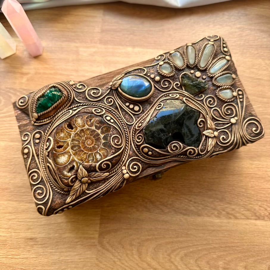 Wooden Box decorated with Crystals, Unique Handmade Tarot Box, Jewelry Box - Home Decor / Ammonite, Black Obsidian, Labradorite, Dioptase, Moldavite and Aquamarine - FairyGardenGlow