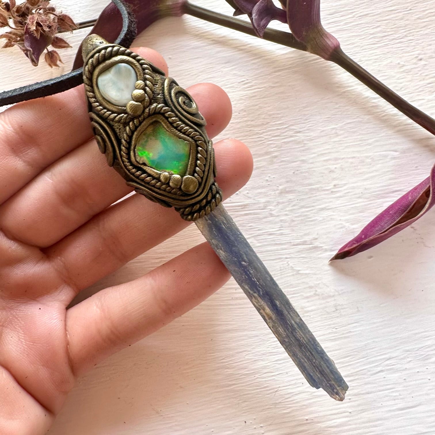 Blue Kyanite Larimar and Raw Opal Wand/ Pendant - FairyGardenGlow