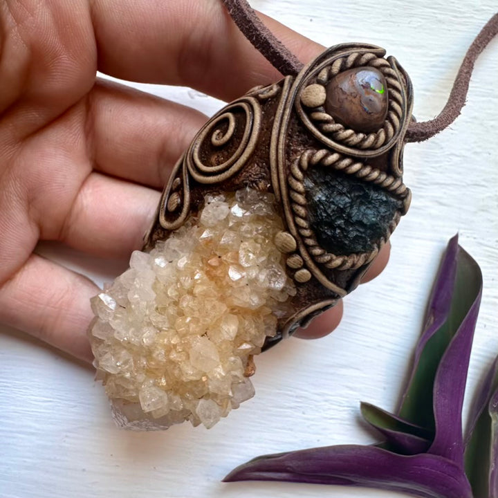 Spirit Quartz Moldavite and Boulder Opal Wand / Pendant - FairyGardenGlow