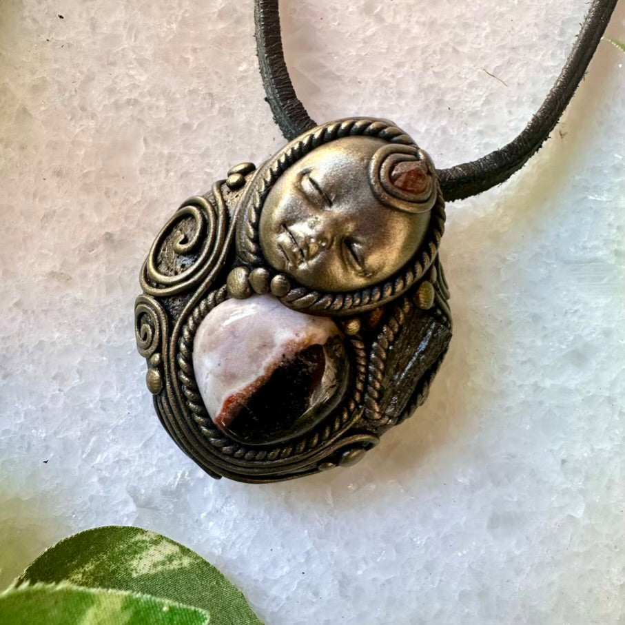 Sardonyx Moldavite and Hessonite Garnet Goddess Necklace - FairyGardenGlow
