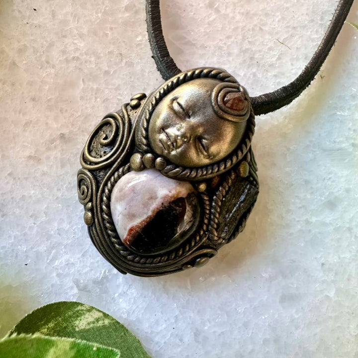 Sardonyx Moldavite and Hessonite Garnet Goddess Necklace - FairyGardenGlow