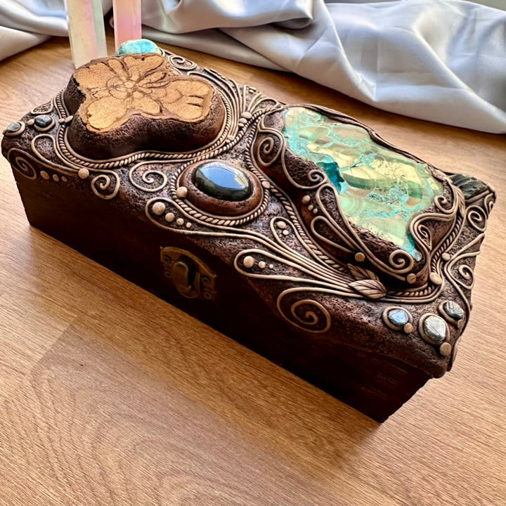 Wooden Box Decorated with Crystals, Handmade Crystal Box, Unique Home Decor with Crysocolla Malachite, Ayahuasca Slice, Labradorite, Atacama Opal, Blue Sapphire and Moldavite - FairyGardenGlow