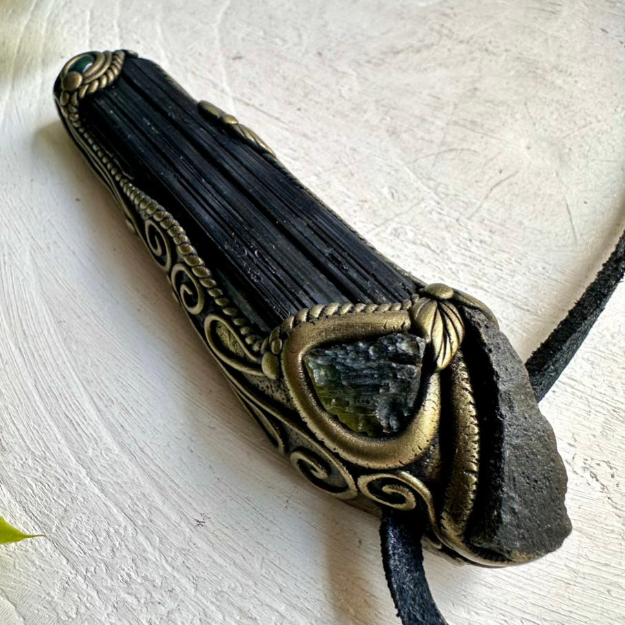 Spiritual Jewelry – Moldavite and Tourmaline Healing Crystal Wand for Strength