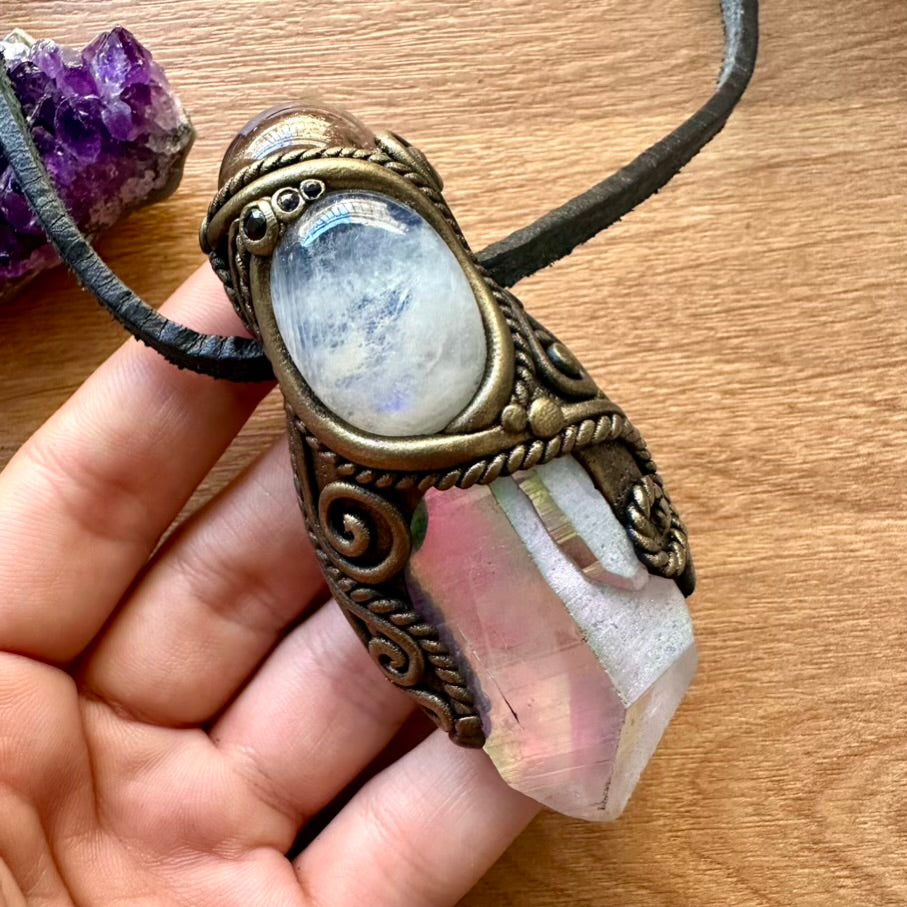 Angel Aura Quartz Smoky Quartz Sphere Moonstone and Blue Sapphire Healing Crystal Talisman - FairyGardenGlow