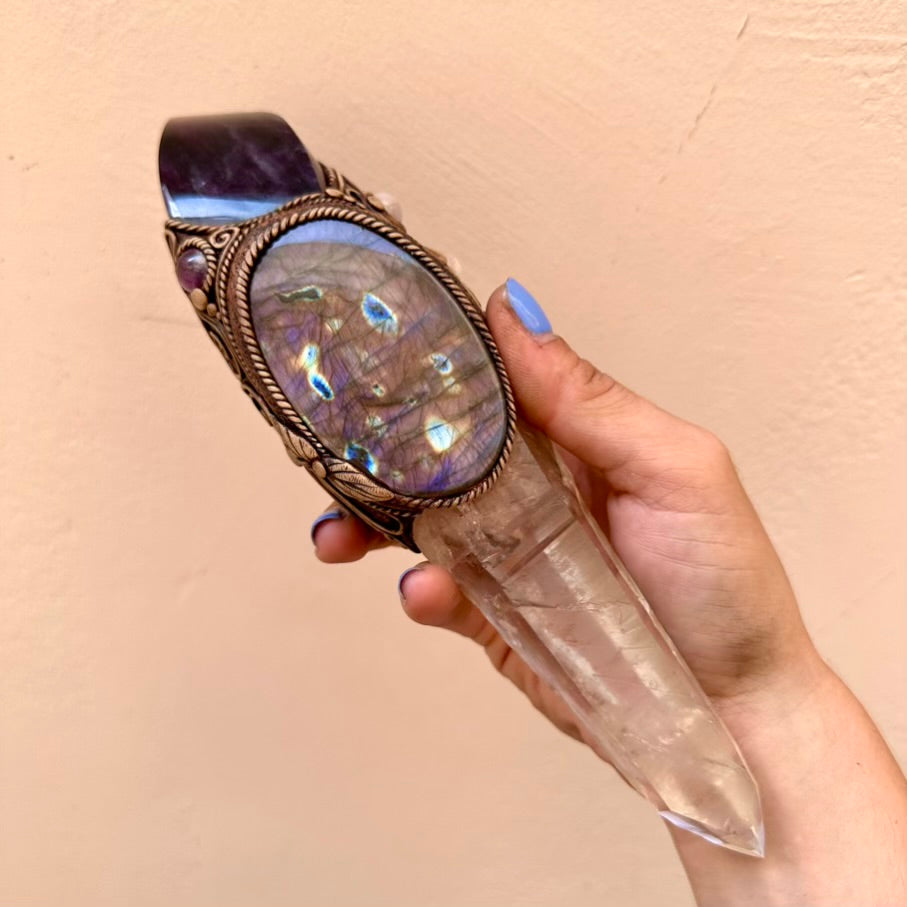 Crystal Wand - Large Lemurian Seed Quartz, Purple Fluorite Flame, Purple Labradorite, Morganite and Amethyst Wand - FairyGardenGlow