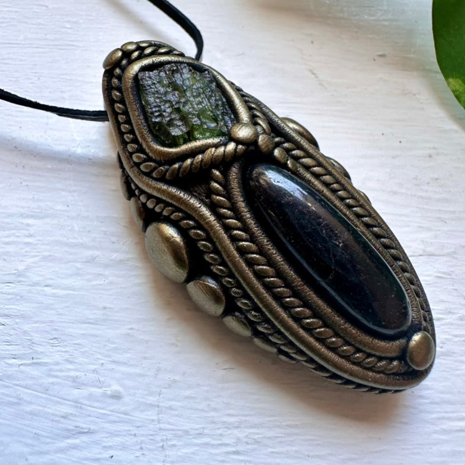 Black Tourmaline and Moldavite Necklace - FairyGardenGlow
