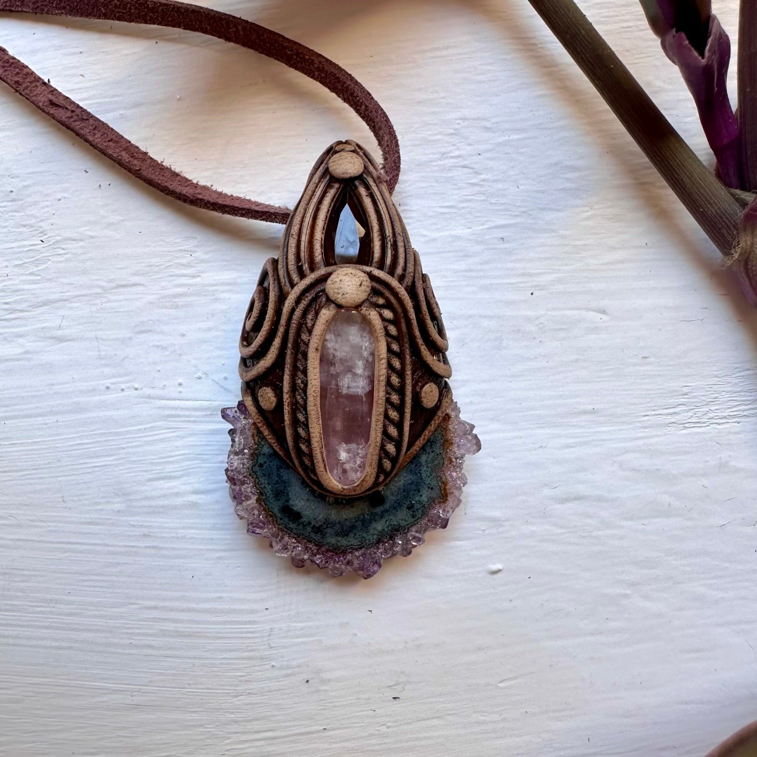 Amethyst Stalactite Kunzite and Smoky Quartz Necklace - FairyGardenGlow