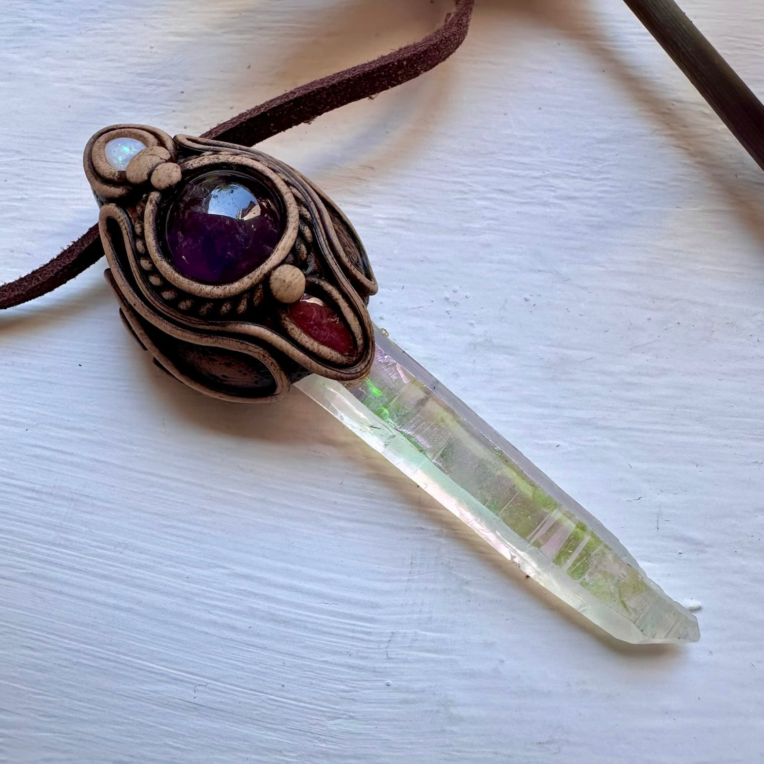 Angel Aura Quartz Amethyst Pink Tourmaline and Australian Opal Necklace - FairyGardenGlow