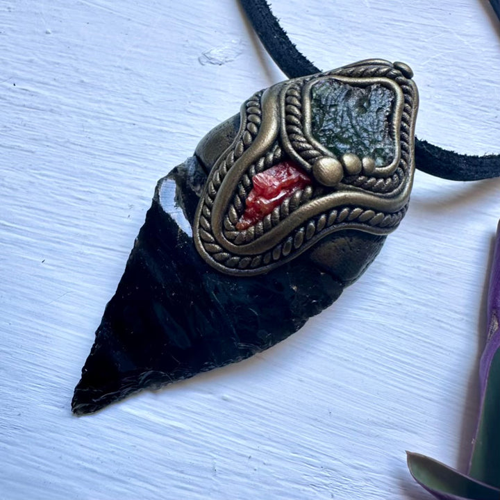 Black Obsidian Arrowhead Moldavite and Vanadinite Pendant Necklace, Healing Crystal Jewelry - FairyGardenGlow