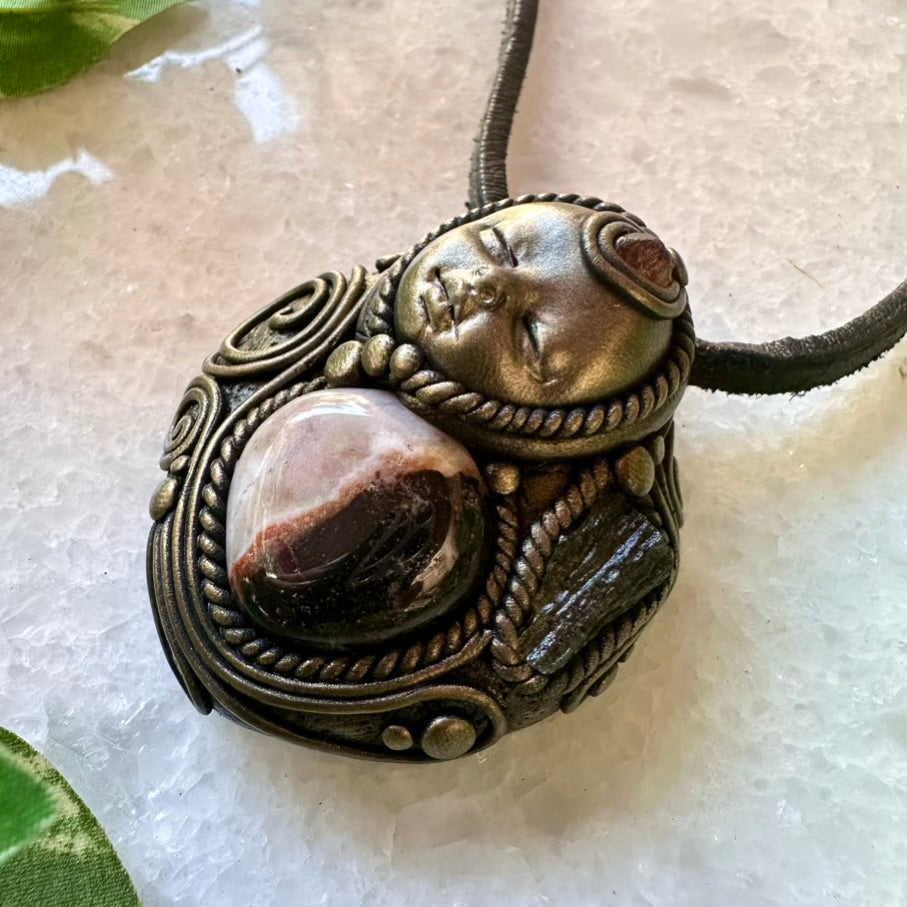 Sardonyx Moldavite and Hessonite Garnet Goddess Necklace - FairyGardenGlow