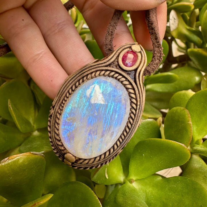 Rainbow Moonstone and Ruby Necklace - FairyGardenGlow
