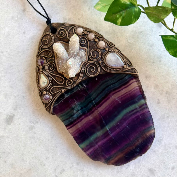 Handmade Wall Hanging, Unique Crystal Home Decor with Rainbow Fluorite Angel, Aura Spirit Quartz, Rainbow Moonstone, Morganite, Australian Opal and Amethyst - FairyGardenGlow