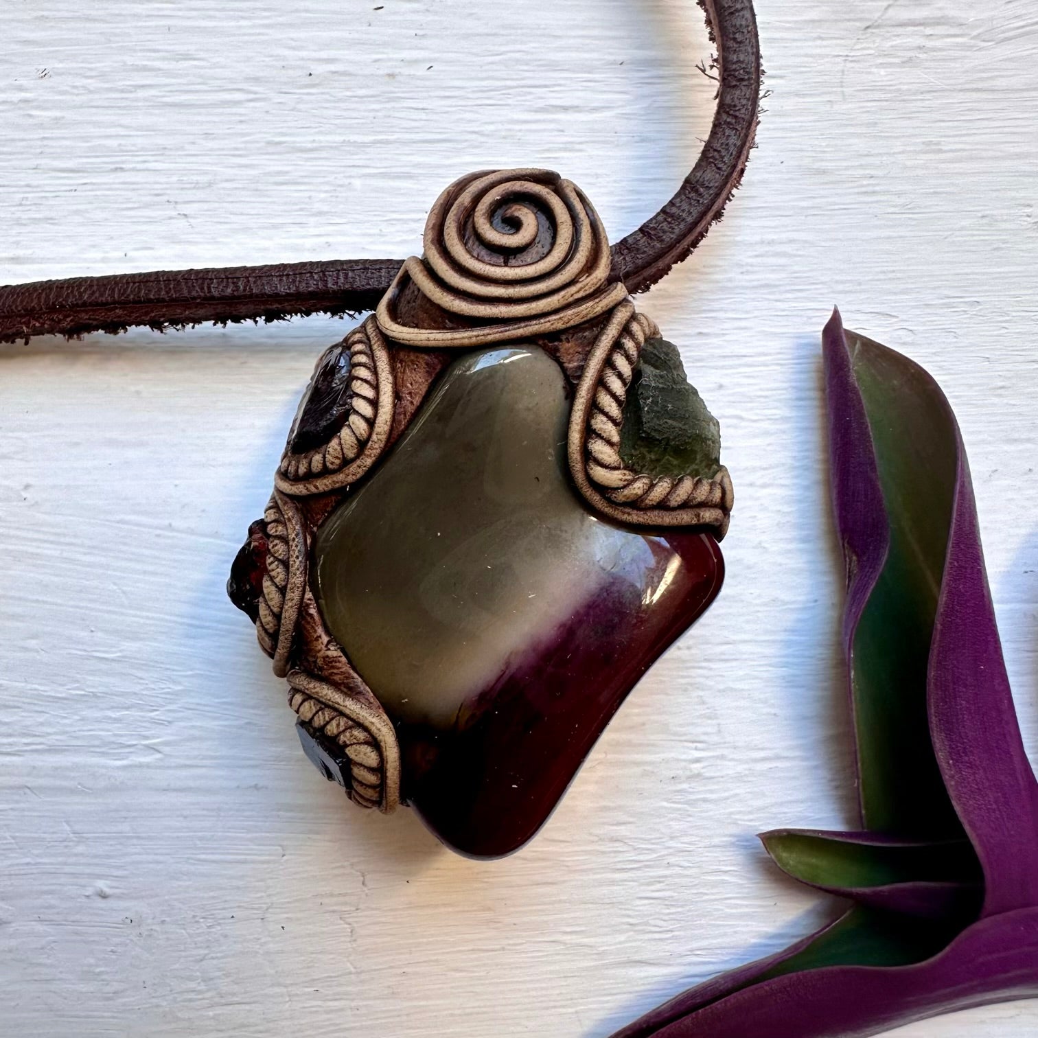 Mookaite Jasper Moldavite and Red Garnet Necklace - FairyGardenGlow