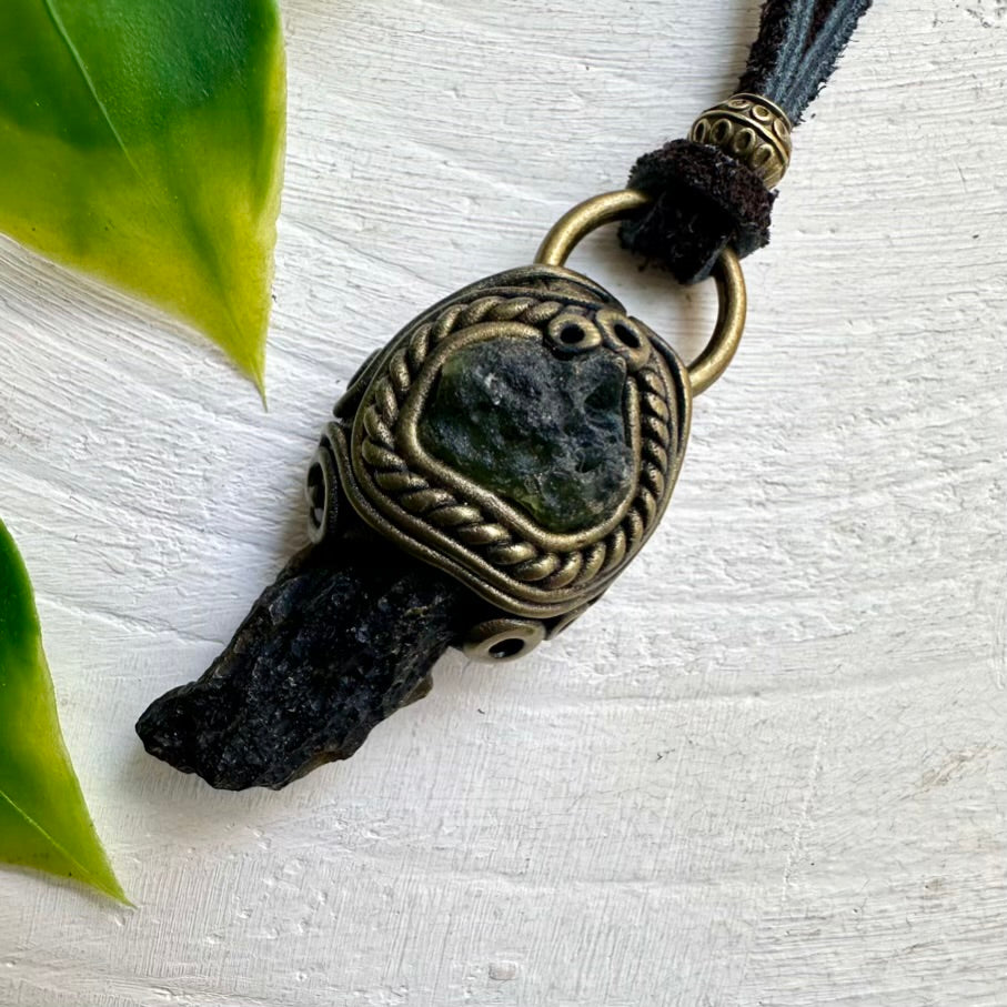 Raw Crystal Jewelry – Moldavite and Black Tektite Necklace for Protection and Clarity