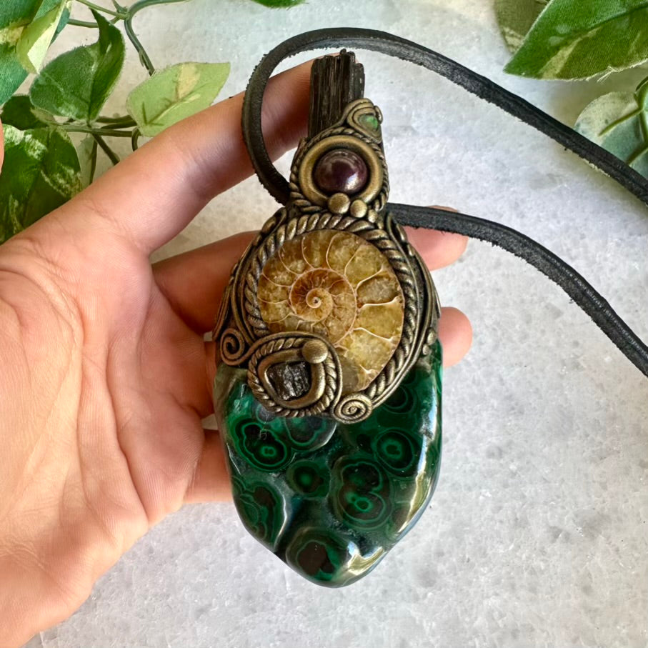 Malachite Ammonite Moldavite Black Tourmaline Ruby and Opal Wand / Healing Crystal Talisman - FairyGardenGlow