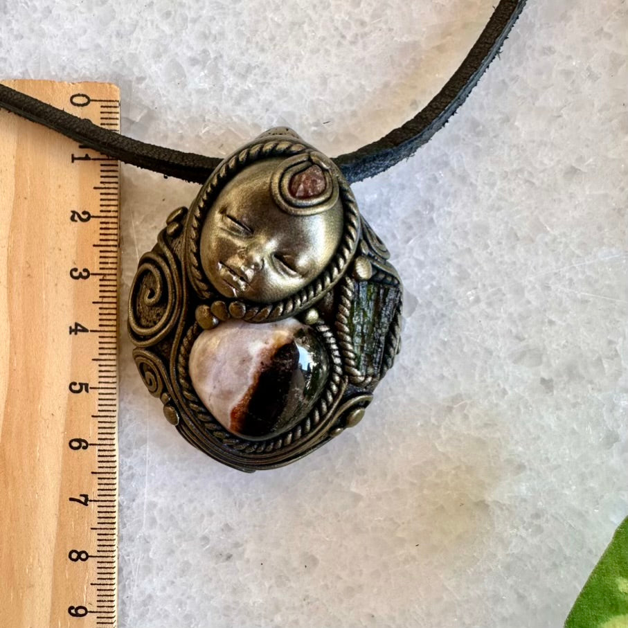 Sardonyx Moldavite and Hessonite Garnet Goddess Necklace - FairyGardenGlow