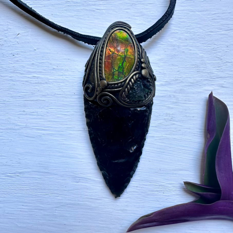 Black Obsidian Arrowhead Ammolite and Moldavite Wand/Necklace - FairyGardenGlow