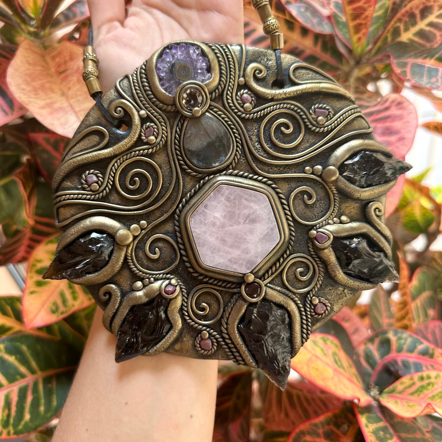 Handmade Crystal Wall Hanging, Unique Crystal Wall Art, Spiritual Home Decor, Black Obsidian Arrowhead Amethyst Stalactite Rose Quartz Labradorite Smoky Quartz Ruby - FairyGardenGlow