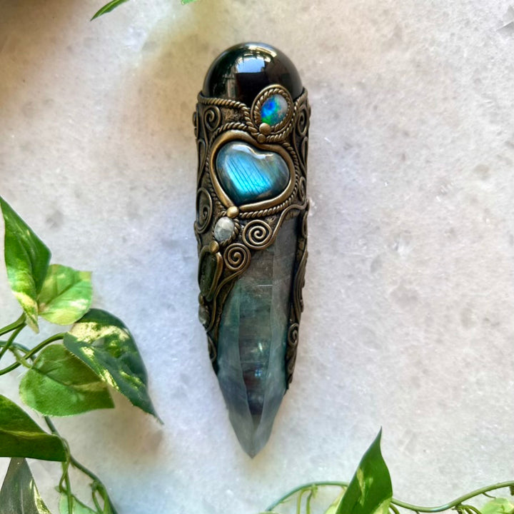 Large Aqua Aura Lemurian Quartz Obsidian Blue Labradorite Heart Australian Crystal Opal Moldavite Aquamarine and Clear Topaz Wand, Healing Crystal Tool - FairyGardenGlow