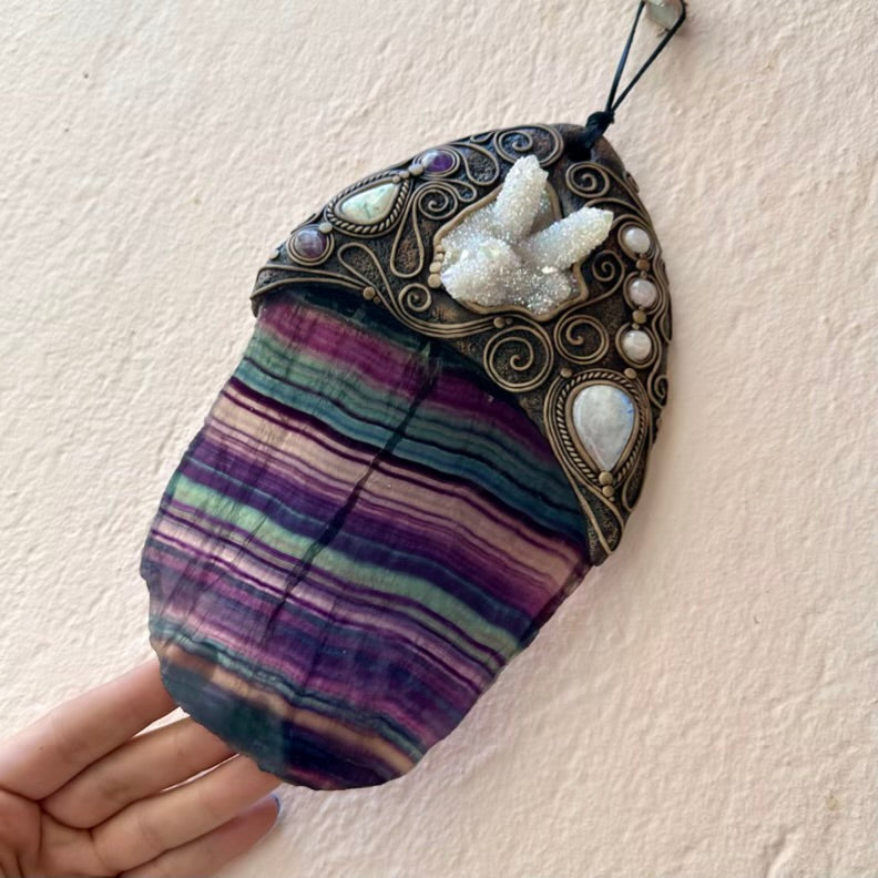 Handmade Wall Hanging, Unique Crystal Home Decor with Rainbow Fluorite Angel, Aura Spirit Quartz, Rainbow Moonstone, Morganite, Australian Opal and Amethyst - FairyGardenGlow