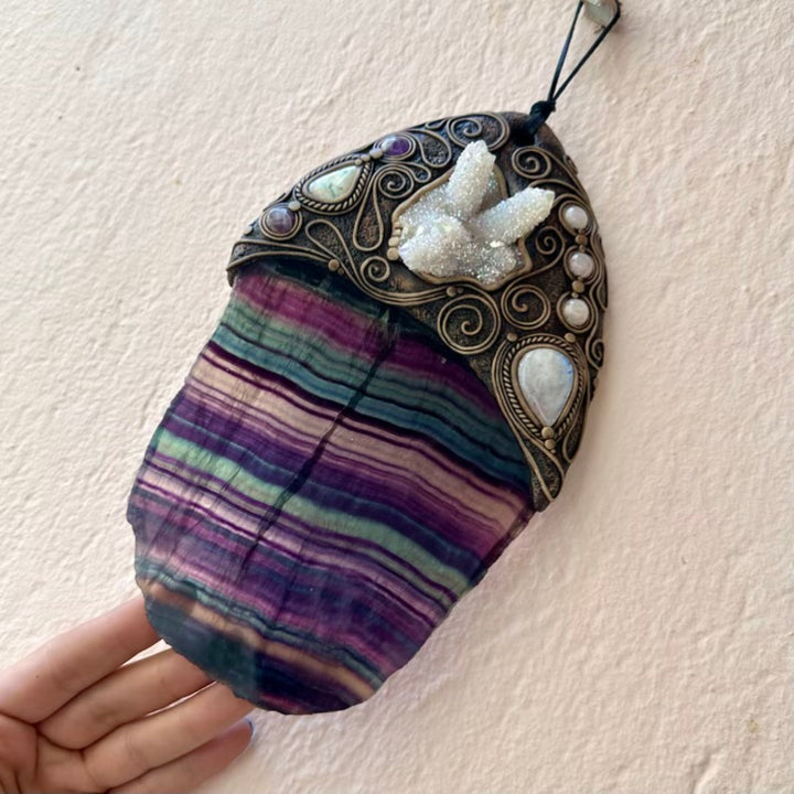 Handmade Wall Hanging, Unique Crystal Home Decor with Rainbow Fluorite Angel, Aura Spirit Quartz, Rainbow Moonstone, Morganite, Australian Opal and Amethyst - FairyGardenGlow