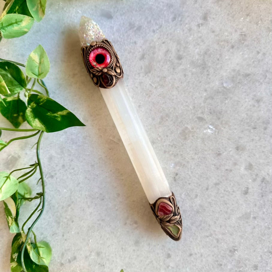 Selenite Crystal Wand, Angel Aura Spirit Quartz Red Garnet Raw Opal and Rhodochrosite Handmade Healing Crystal Wand - FairyGardenGlow