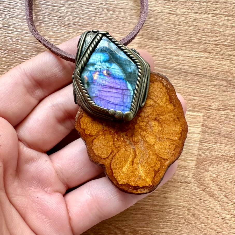 Ayahuasca Slice and Purple Labradorite Pendant Necklace - FairyGardenGlow