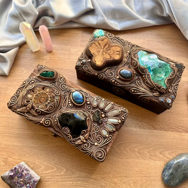 Wooden Box Decorated with Crystals, Handmade Crystal Box, Unique Home Decor with Crysocolla Malachite, Ayahuasca Slice, Labradorite, Atacama Opal, Blue Sapphire and Moldavite - FairyGardenGlow