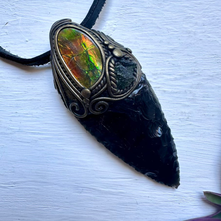 Black Obsidian Arrowhead Ammolite and Moldavite Wand/Necklace - FairyGardenGlow