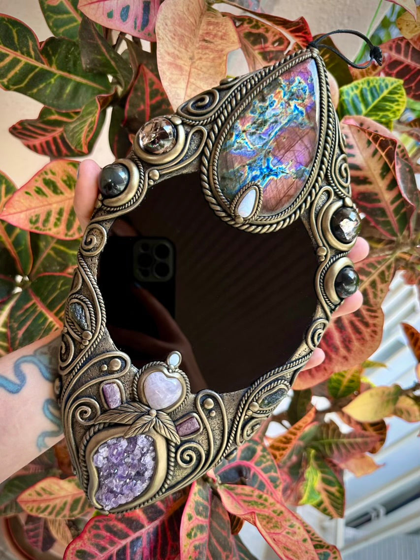 Crystal Wall Hanging - Handmade Unique Crystal Home Decor Art, with Black Obsidian Mirror, Large Purple Labradorite, Rainbow Obsidian, Smoky Quartz, Amethyst Cluster, Rose Quartz Heart, Moldavite, Ruby and Australian Opal - FairyGardenGlow