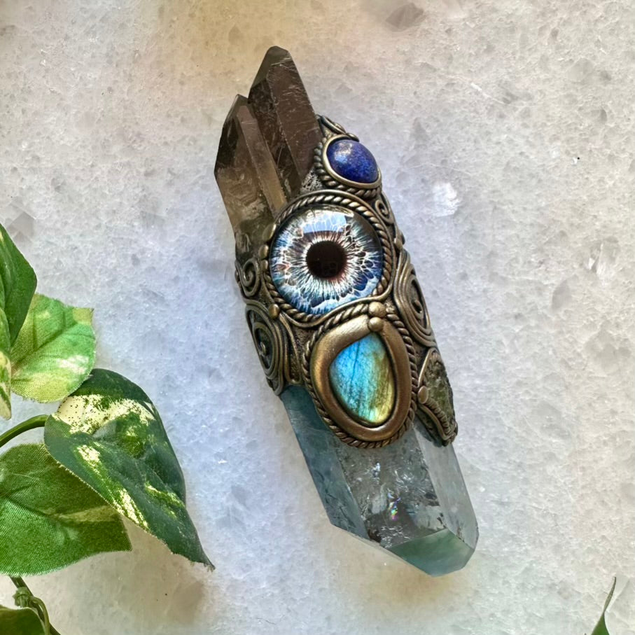 Aqua Aura Quartz Smoky Quartz Lapis Lazuli Labradorite Moldavite Third Eye Healing Crystal Wand - FairyGardenGlow