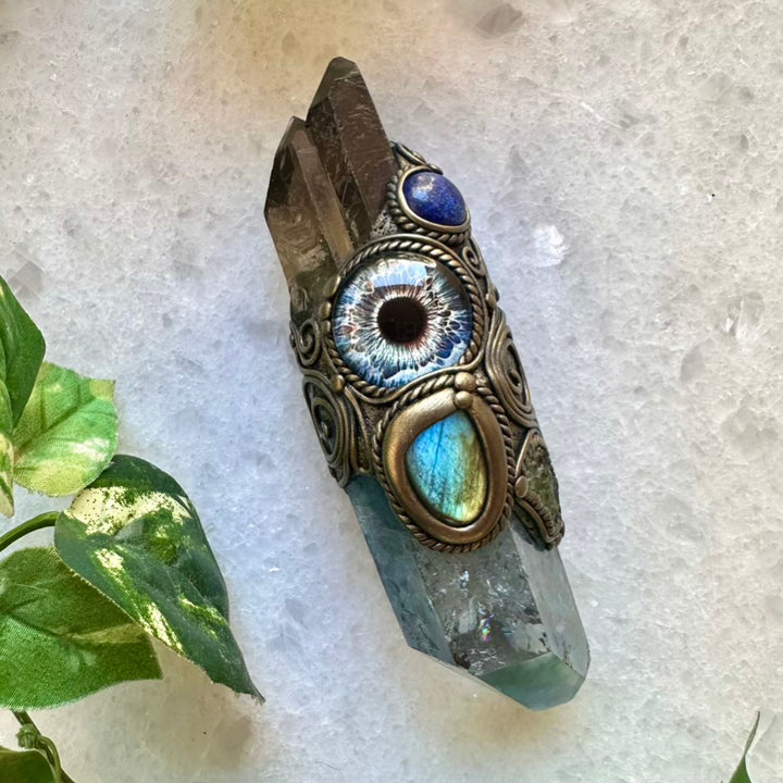 Aqua Aura Quartz Smoky Quartz Lapis Lazuli Labradorite Moldavite Third Eye Healing Crystal Wand - FairyGardenGlow