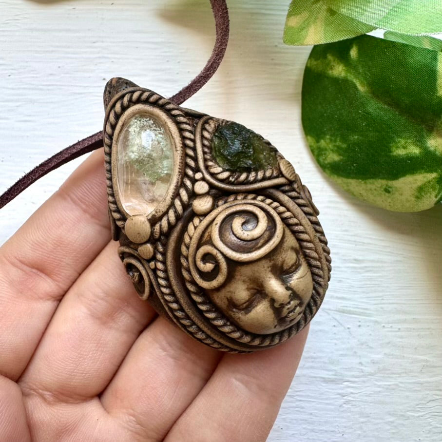Chlorite Quartz and Moldavite Goddess Necklace - FairyGardenGlow