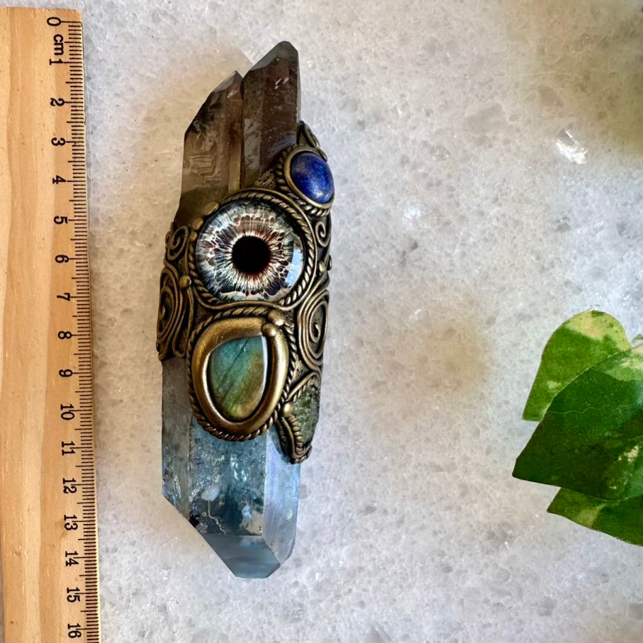 Aqua Aura Quartz Smoky Quartz Lapis Lazuli Labradorite Moldavite Third Eye Healing Crystal Wand - FairyGardenGlow