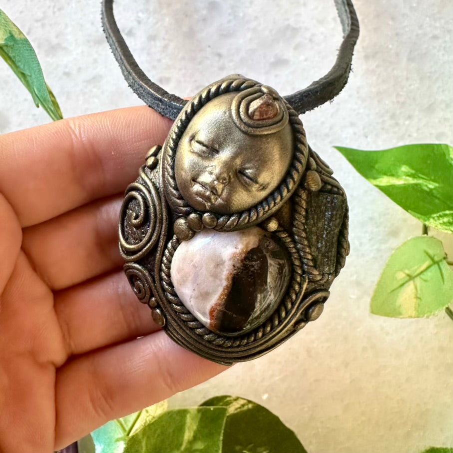 Sardonyx Moldavite and Hessonite Garnet Goddess Necklace - FairyGardenGlow