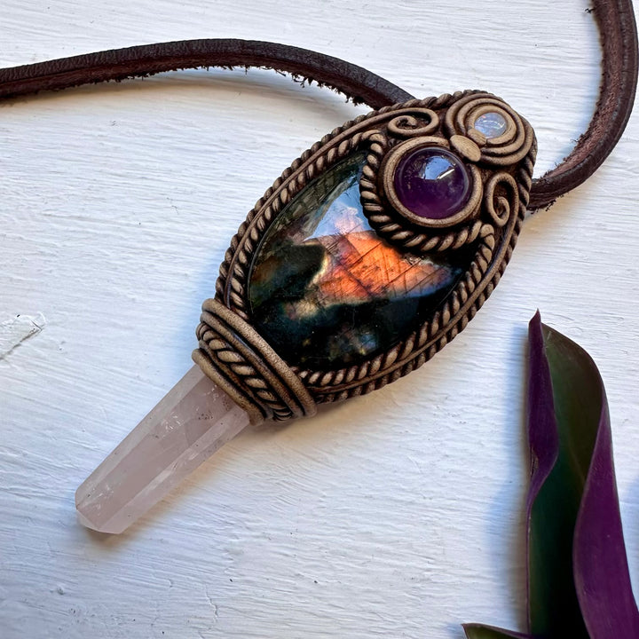 Labradorite Amethyst Rose Quartz and Australian Opal Doublet Wand/Pendant, Handmade Healing Crystal Wand - FairyGardenGlow