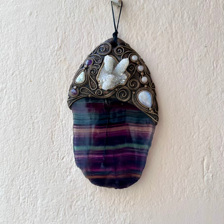 Handmade Wall Hanging, Unique Crystal Home Decor with Rainbow Fluorite Angel, Aura Spirit Quartz, Rainbow Moonstone, Morganite, Australian Opal and Amethyst - FairyGardenGlow