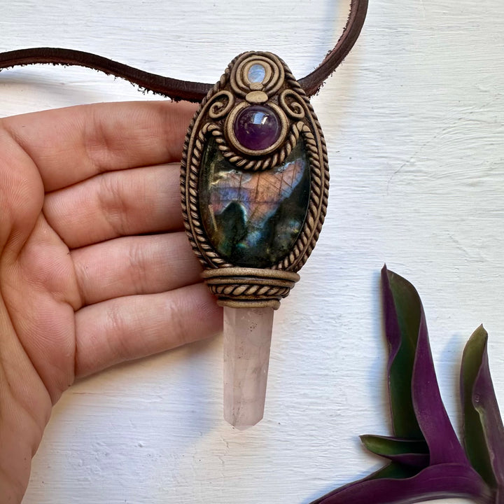 Labradorite Amethyst Rose Quartz and Australian Opal Doublet Wand/Pendant, Handmade Healing Crystal Wand - FairyGardenGlow