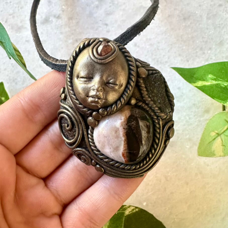 Sardonyx Moldavite and Hessonite Garnet Goddess Necklace - FairyGardenGlow