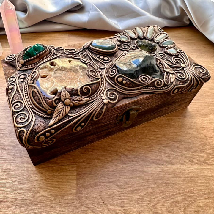 Wooden Box decorated with Crystals, Unique Handmade Tarot Box, Jewelry Box - Home Decor / Ammonite, Black Obsidian, Labradorite, Dioptase, Moldavite and Aquamarine - FairyGardenGlow