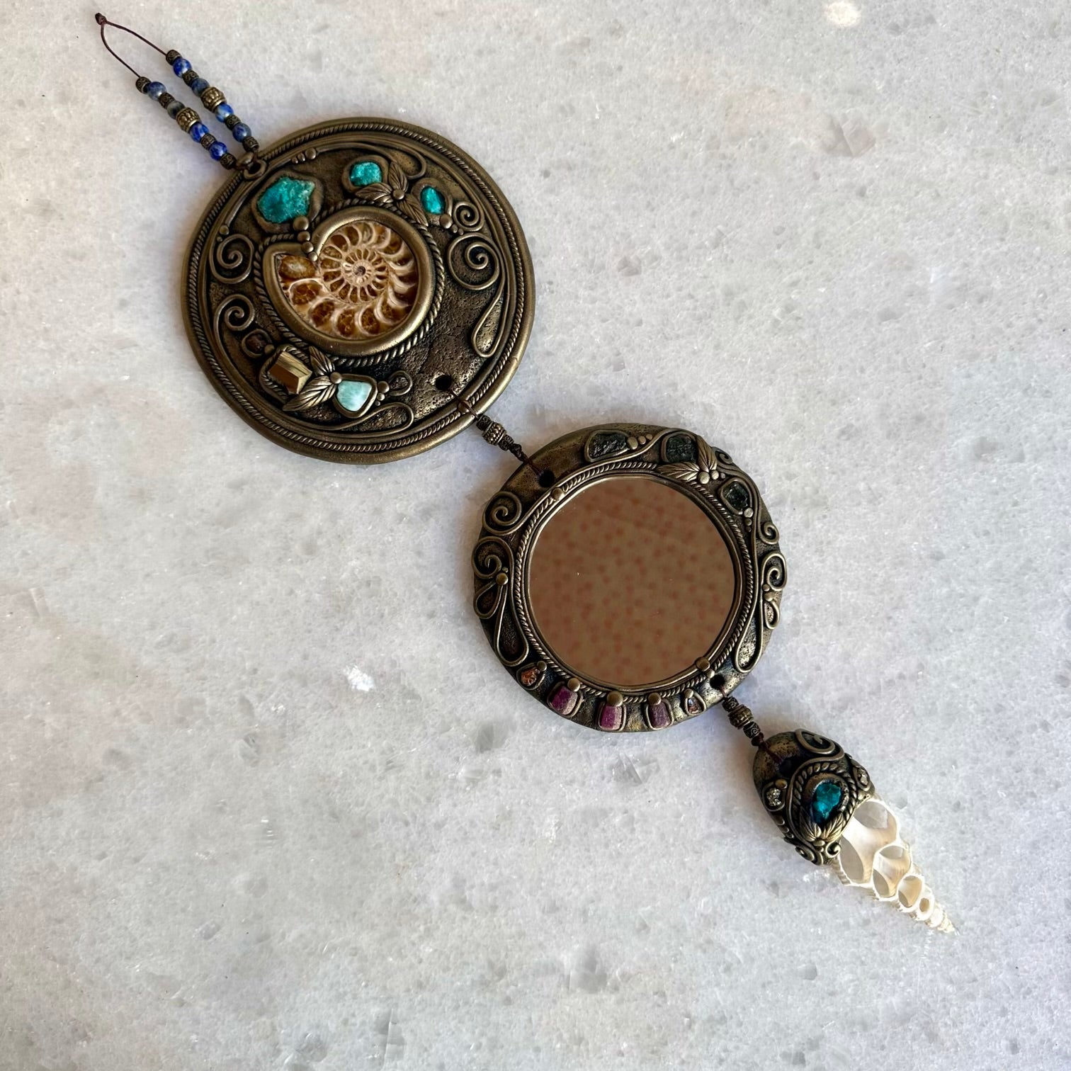 Crystal Wall Hanging, Handmade Crystal Mirror, Spiritual Decor with Ammonite Chrysocolla Pyrite Larimar Moldavite Pyrite Ruby Hessonite Garnet and Lapis Lazuli