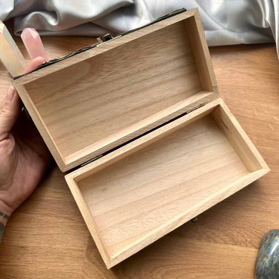 Handmade Wooden Box with Crystals – Moonstone Moon, Blue Chalcedony, Rose Quartz, Tanzanite, Charoite & Aqua Aura Spirit Quartz - FairyGardenGlow