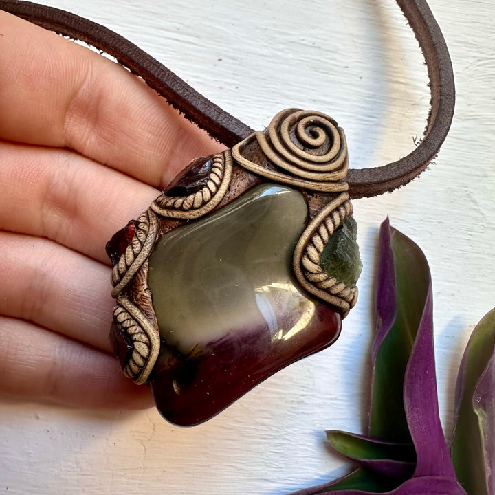 Mookaite Jasper Moldavite and Red Garnet Necklace - FairyGardenGlow