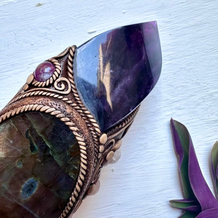 Crystal Wand - Large Lemurian Seed Quartz, Purple Fluorite Flame, Purple Labradorite, Morganite and Amethyst Wand - FairyGardenGlow