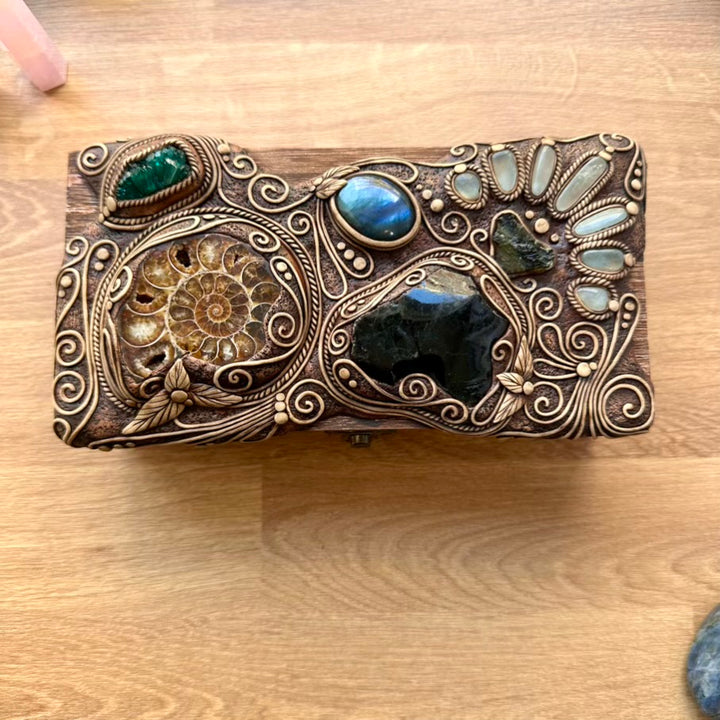 Wooden Box decorated with Crystals, Unique Handmade Tarot Box, Jewelry Box - Home Decor / Ammonite, Black Obsidian, Labradorite, Dioptase, Moldavite and Aquamarine - FairyGardenGlow