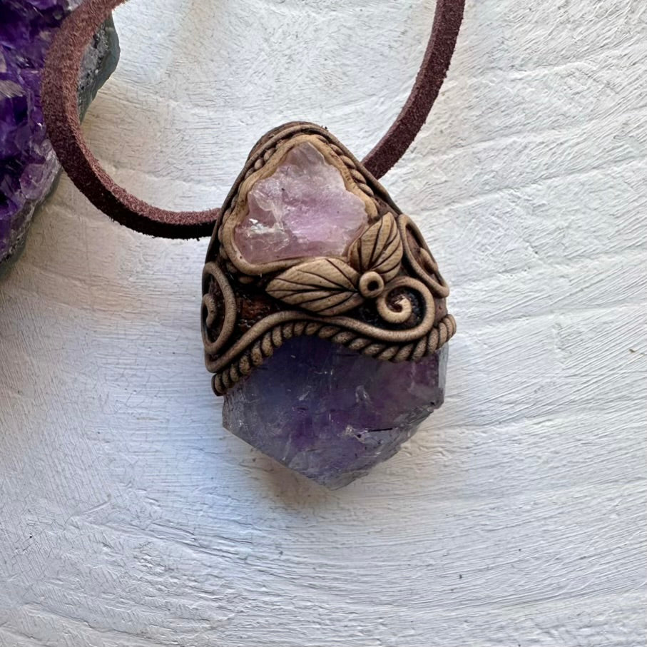 Raw Purple-Blue Fluorite and Crystallized Rose Quartz Necklace - FairyGardenGlow