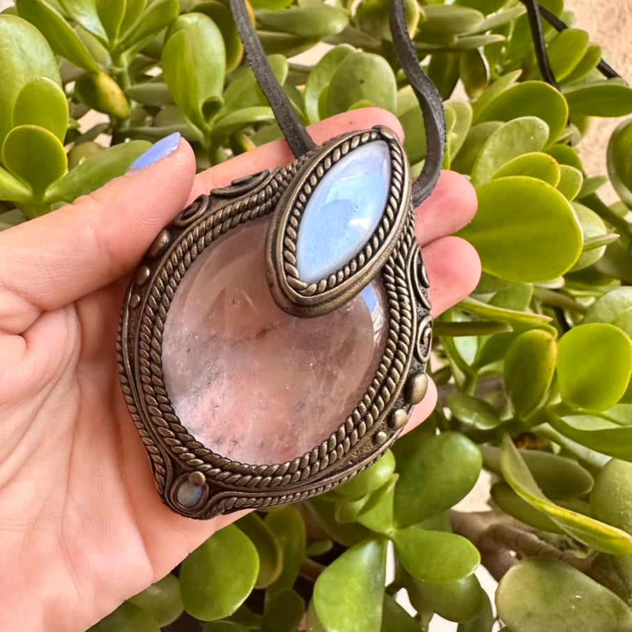 Clear Quartz White Moonstone and Australian Opal Pendant, Healing Crystal Talisman - FairyGardenGlow